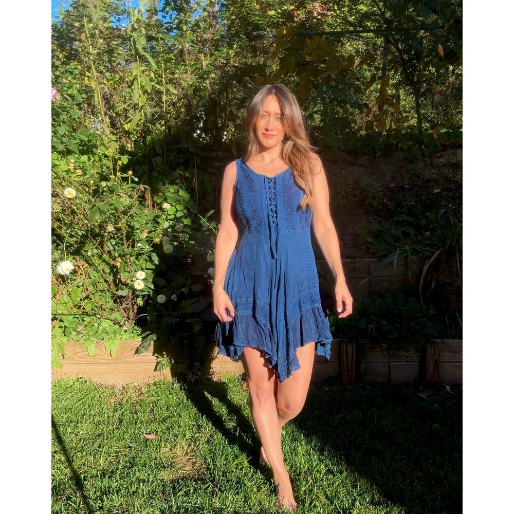 Deep Indigo Blue Boho Festival Embroidered Swing Dress Lace Up
